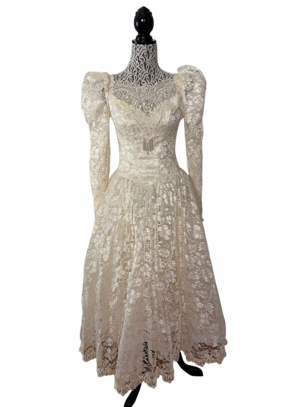 Vintage 1980s Ivory Lace Wedding Dress Beaded Puff Sleeve Tea Length Bridal Gown